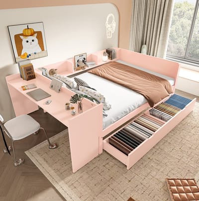MEUNIQ Normaal bed 140x200 cm met bureau, 2 lades en 3 planken, tweepersoons bedframe met zijhekken en opbergruimte voor slaapkamer, roze