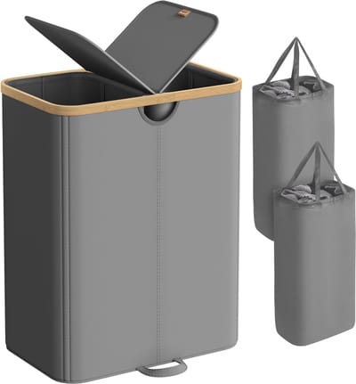SONGMICS - Wasmand - Wasmand met 2 Vakken - 150 Liter - Uitneembare Waszakken - Met Deksel