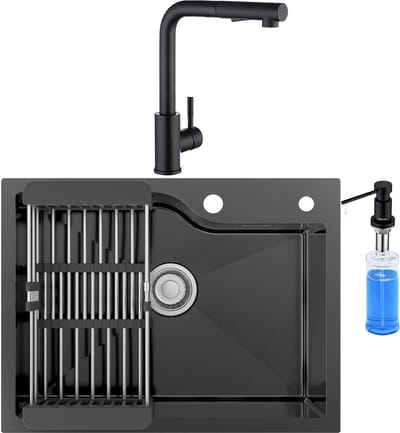 CECIPA max Spoelbak Antraciet 60x45CM - Spoelbak Keuken Met Keukenkraan en Zeepdispenser 300ML - Spoelbakken Keuken RVS - Spoelbak Met Verstelbaar Mandje - Met Afdruiprek