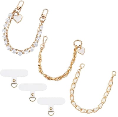 Dailygoods- Telefoon Polsbandje 3 Stuks - Gouden Legering/Kralen - PVC Lanyard - Mobiele Kettingen - Charms - Geschikt voor Telefoon/Portemonnee - Telefoonketting