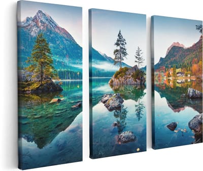 Artaza Canvas Schilderij Drieluik Meer In De Bergen Tijdens De Herfst - 120x80 cm - Wanddecoratie Woonkamer - Schilderijen - Muurdecoratie