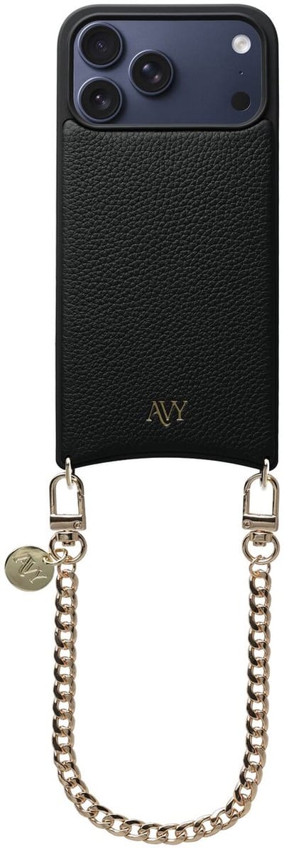 AVY Leren Hoesje Geschikt voor Apple iPhone 17 Pro Max | Compatibel met MagSafe | Leather Case met Telefoonkoord | Polsband | Zwart | Aurum Lien