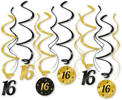 Q2P – 16 Jaar Slingers – Zwart & Gouden Hangdecoratie – Verjaardag Versiering – Feest Swirl – 12 Stuks