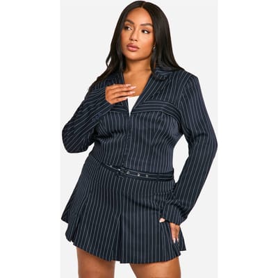 boohoo Dames Plus Pinstripe Corset Detail Cropped Blazer | Marineblauw | Maat: 44