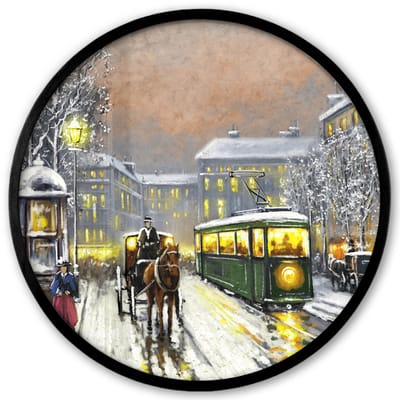 Poster in lijst Rond - Fotolijst 40x40 cm - Posters - Schilderij - Olieverf - Winter - Tram - Paard - Ronde posterlijst zwart - Decoratie - Wanddecoratie woonkamer - Muurdecoratie slaapkamer