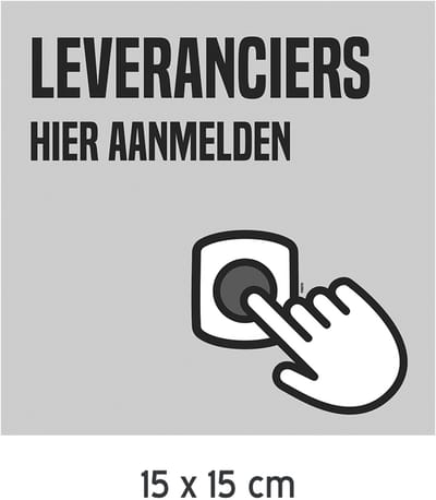 Pictogram/ bord | "Leveranciers, hier aanmelden" | 15 x 15 cm | Forex | Deurbord | Receptie | Onthaal | Levering | Chauffeur | Bezorger | Parcel | 1 stuk