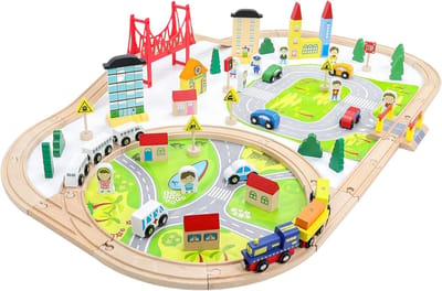 Dastium Kids - 82 Delige Treinset - Houten Speelgoed Trein Set - Treinbaan - Treinspeelset - Inclusief Speelmat