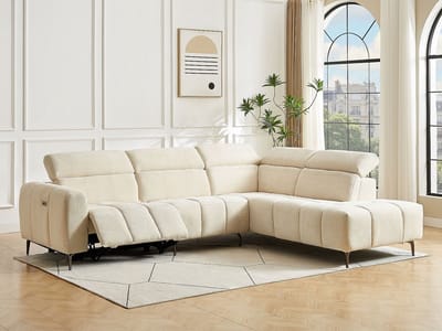 Vente-unique Elektrische relaxhoekbank met hoek rechts in beige gestructureerde stof - CALDORIA