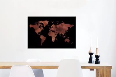 Aluminium schilderij 90x60 cm - Wanddecoratie metaal - Wereldkaart - Zwart - Rood - Metalen muurdecoratie woonkamer - Decoratie industrieel - Foto op dibond - Industriële accessoires slaapkamer