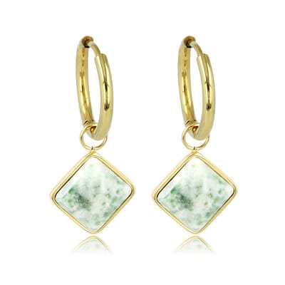 My Bendel - Goudkleurige Oorbellen met Green Spotted Jade Edelsteen - met Luxe Cadeauverpakking | Sieraden Voor Dames