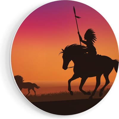 Artaza Forex Muurcirkel Silhouet van een Indiaan op een Paard - 80x80 cm - Groot - Wandcirkel - Rond Schilderij - Wanddecoratie Cirkel