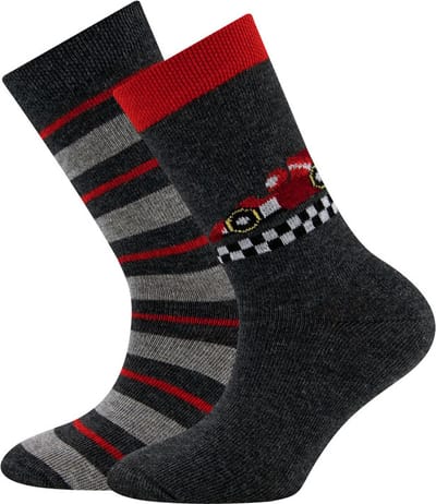 Ewers Kindersokken - 2-PACK - Donkergrijs en Rood met Raceauto/Finishlijn & Grijs en Rood gestreept -23/26