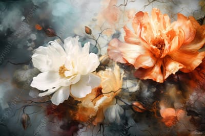 John Joseb Art (Canvas) 60x40 | Bloemen in abstract geschilderde stijl, kunst â woonkamer â slaapkamer | plant, oranje, wit, geel, blauw, grijs, modern | Foto-Schilderij print (wanddecoratie)