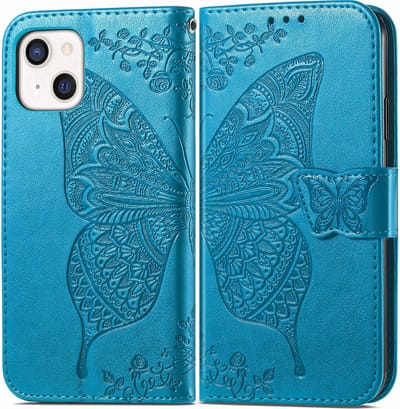 Bookcase geschikt voor Apple iPhone 13 - Blauw - Vlinder - Portemonnee Hoesje