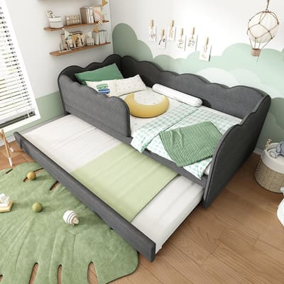 BLACKCOLORS - Gestoffeerd Daybed 90x190 cm - Dagbed Slaapbank met Uitschuifbed - Kinderbed met Lattenbodem - Linnen - Grijs - Zonder Matras