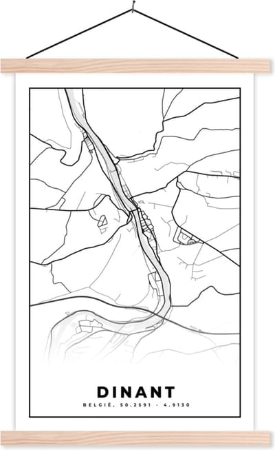 Posterhanger incl. Poster 40x60 cm - Schoolplaat - Zwart Wit – België – Plattegrond – Stadskaart – Kaart – Dinant - Textielposter - Blanke latten - Stadskaart