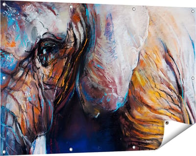 Gards Tuinposter Getekende Olifant van Dichtbij - Abstract - 120x80 cm - Tuindoek - Tuindecoratie - Wanddecoratie buiten - Tuinschilderij