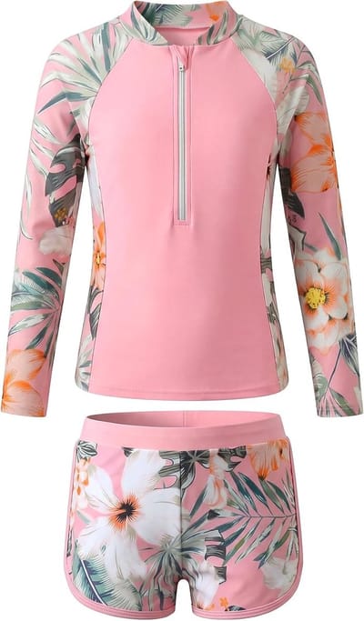 Twee-delige meisjes zwemoutfit met lange mouwen, gepolsterde bh's en sneldrogende zwemshorts voor kinderen van 5-14 jaar, ideaal voor strand en surfen met bloemenprint