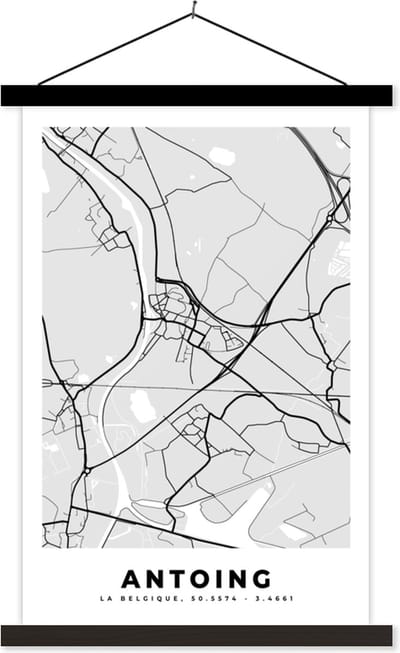 Posterhanger incl. Poster 40x60 cm - Schoolplaat - Zwart Wit – België – Plattegrond – Stadskaart – Kaart – Antoing - Textielposter - Zwarte latten - Stadskaart