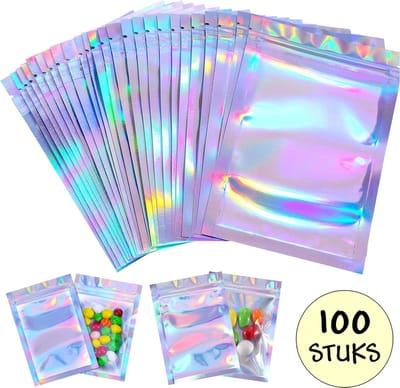 100 Holografische Folie Zip Lock Zakjes - Hersluitbare Mylar Zakken - 8.5x13cm - Uitdeelzakjes - Transparant - Snoepzakjes - Cadeauzakjes - 100 Stuks
