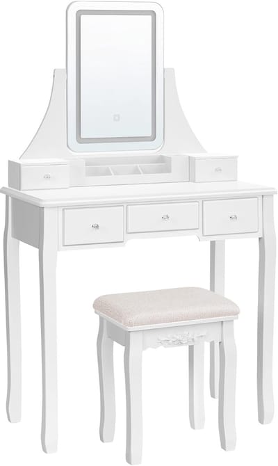Kaptafel met LED-verlichting en Spiegel - Makeup Tafel met 5 Laden en Draaibare Spiegel - Wit
