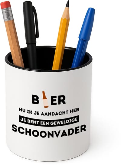 Hacebo® - bier, nu ik je aandacht heb je bent een geweldige schoonvader Pennenbakje - schoonvader - pennenhouder - vader cadeautjes - vaderdag - verjaardagscadeau - verjaardag - cadeau - geschenk - kado - gift - Pennenbakje zwart