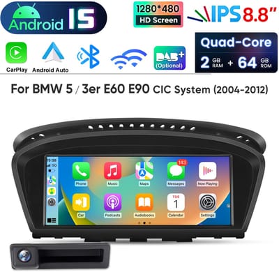Junsun autoradio Geschikt voor BMW E60 E61 E90 E91 CIC Systeem Accessoires - Android 15 - 8,8 '' - Achteruitrijcamera - Draadloze CarPlay & Andriod Auto, DAB+, GPS-navigatiesysteem, Bluetooth, SWC, WiFi, DSP, FM , 2GB + 64GB, Quad-core processor