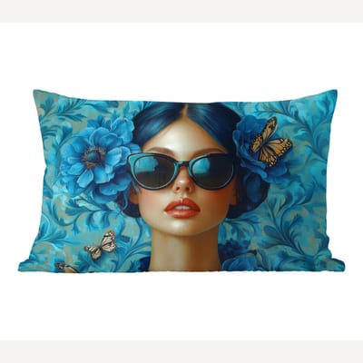 Sierkussens - Kussentjes Woonkamer - 60x40 cm - Vrouw - Bloemen - Vlinders - Blauw - Abstract