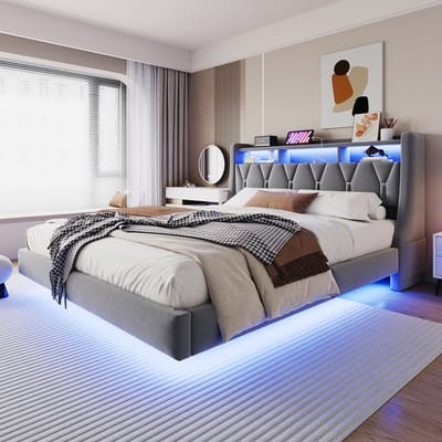 Wishdor Gestoffeerd Bed - 180x200 cm - Omklapbaar Hoofdbord Met Opbergruimte & Led - Inclusief Laden En USB/Type-C - Fluweel - Grijs