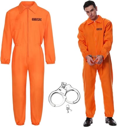 Klassiek oranje gevangeniskostuum voor mannen en vrouwen, inclusief boeien, ideaal voor carnaval en Halloween