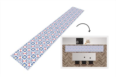 Keukenloper - Loper keuken - Bloem - Blauw - Rood - Patroon - 300x50 cm - Keukenloper vinyl