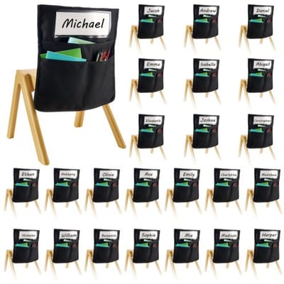 VEVOR Classroom Chair Pocket, 24-pack, 36 x 38 cm, rugleuningzak met naamplaatje, stoelrugorganizer voor kinderen in de klas, kleuterschool, school en thuis, zwart
