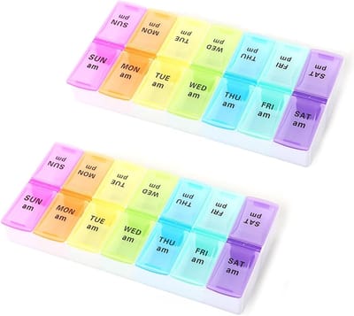 Pillendoos voor 7 Dagen met 2 Compartimenten - Kleurige Organiser voor Vitaminen en Visolie met Ochtend en Middag Herinnering
