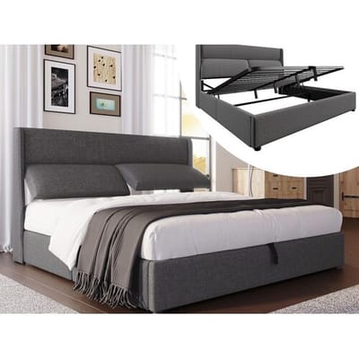 ModernLuxe Gestoeld opbergbed 180x200 cm - met verstelbare hoofdbord - lattenbodem - linnen - grijs (matras niet inbegrepen)