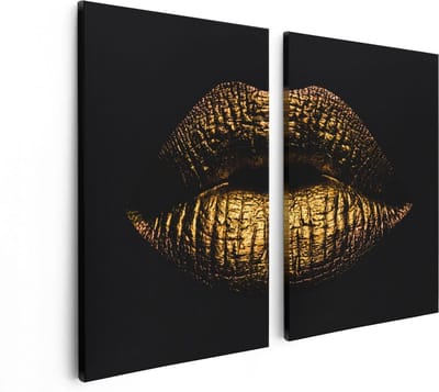 Artaza Canvas Schilderij Tweeluik Gouden Lippen - 80x60 - Foto Op Canvas - Canvas Print