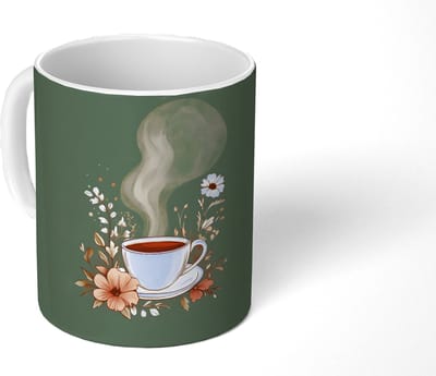 Mok - Koffiemok - Kop - Bloemen - Groen - Koffie - Mokken - 350 ML - Beker - Koffiemokken - Theemok