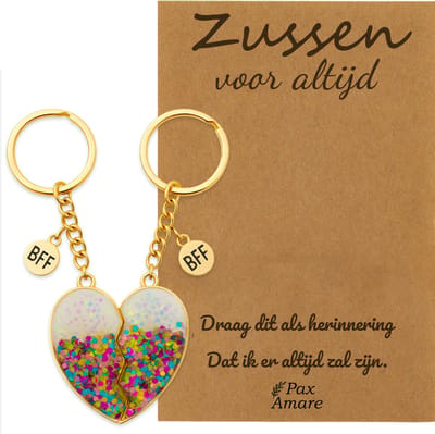 BFF Sleutelhanger voor 2 'Zussen voor altijd' - Magnetisch Glitter Hartje - Sleutelhanger set op Cadeau Kaartje Sleutelhanger set - Goudkleurig - Vriendschap Symbool - Pax Amare