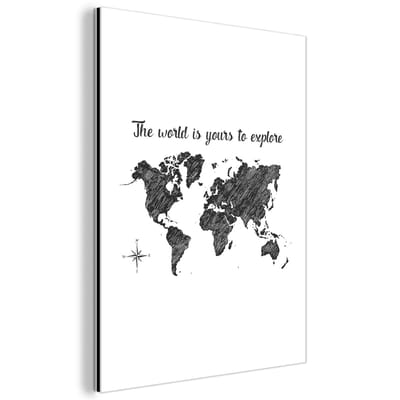 Aluminium schilderij 60x80 cm - Wanddecoratie metaal - Wereldkaart - Quotes - Zwart - Metalen muurdecoratie woonkamer - Decoratie industrieel - Foto op dibond - Industriële accessoires slaapkamer