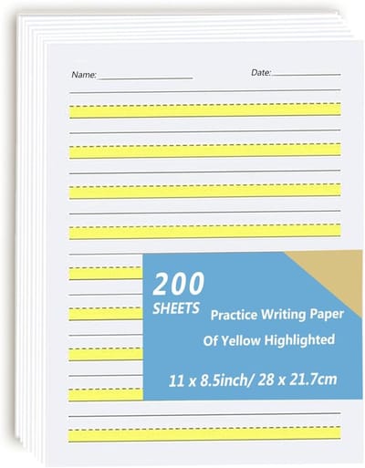 Oefenpapier Kinderen - Schrijfpapier Gelijnd - Leren Schrijven - Geel Gemarkeerde Lijnen - Letterformaat 200 Vel - Geel