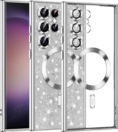 Hoesje geschikt voor Samsung Galaxy S23 Ultra - Techsuit Luxury Glitter Back Cover - Geschikt voor MagSafe - Zilver