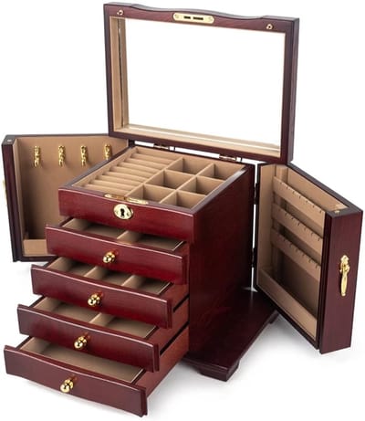 Houten Sieradendoos - Opbergkistje Meisjes - Sieraden Opbergen - Met Spiegeltje - 29 x 20 x 24 cm - Houtkleur