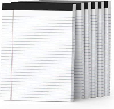 Witte Notitieblokken 8,5 x 11 Inch - 6 Vellenbogen met 50 Vel Perforatie - Breed Hokschrift - Ideale Schrijfnotities voor Studie en Kantoor