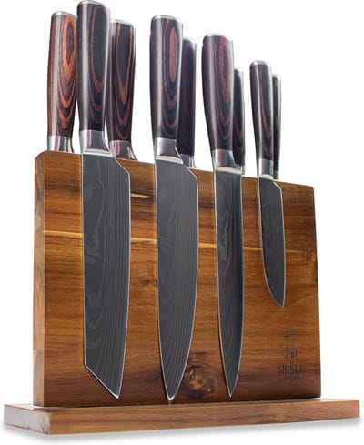 Shinrai Knives - Messenset met Blok - 9 delig - Koksmes - Messen met Damascus Print - Magnetisch Messenblok Dubbelzijdig - Met Luxe Geschenkdoos - Messenhouder - Keukenmes - Koksmes