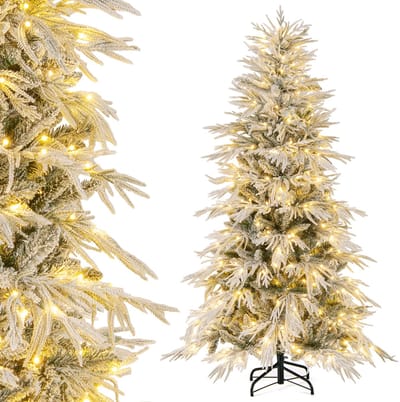 COSTWAY Kunstkerstboom van 180 cm met verlichting en sneeuw, dennenboom met 250 warmwitte ledlampen en 594 takpunten, kerstboom voor thuis