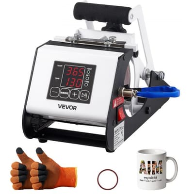 VEVOR mokkenpers, bekerbedrukkingsmachine, sublimatiepers voor mokken, 444 ml, wit, incl. plakband en handschoenen. Eenvoudige temperatuur- en tijdsinstelling voor sublimatieprinten op mokken en bekers.