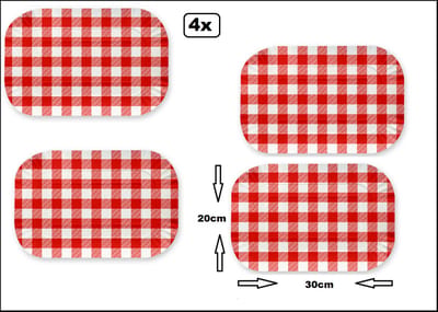 4x Serveerschaal 30cm x 20cm boerenbont rood/wit - karton - Hapjes snacks food eten thema feest uitdeel