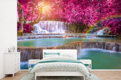 Behang - Fotobehang Waterval - Regenboog - Bomen - Roze - Natuur - Breedte 330 cm x hoogte 220 cm