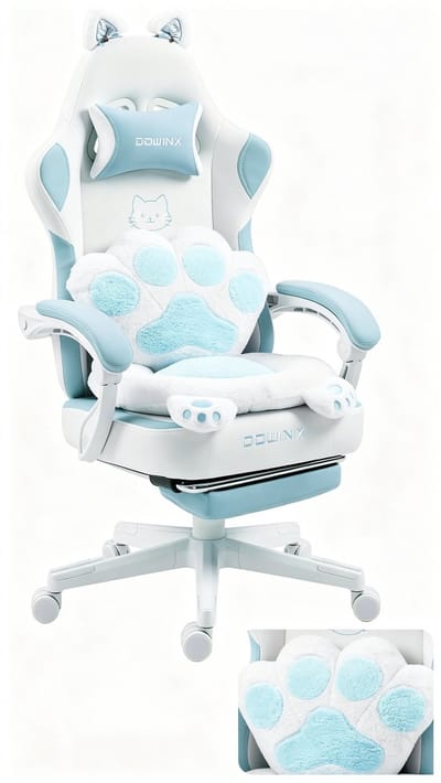 Dowinx Gaming‑Stoel Wit‑Lichtblauw met afneembare PC‑stoel met uittrekbare voetsteun, 52,1 cm brede zitting zonder zijvleugels, 90‑145° verstelbaar, zakveren vulling, Kawaii gamer stoel voor meisjes & tieners, tot 136 kg belastbaar