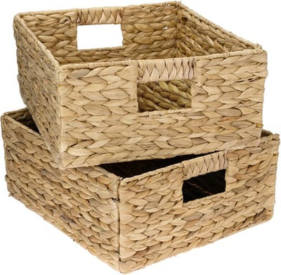 Opbergmand geschikt voor Kallax half vak, gevlochten van waterhyacint met handgrepen, set van 2, 30 x 34 x 15 cm, naturel
