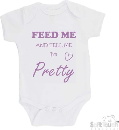 100% katoenen Romper "Feed me and tell me I'm pretty" Meisjes Katoen Wit/lila Maat 56/62